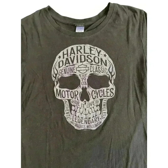 Harley Davidson Dallas TX Women's Biker Black Skull Sparkle Short Sleeve Shirt M - Picture 3 of 8